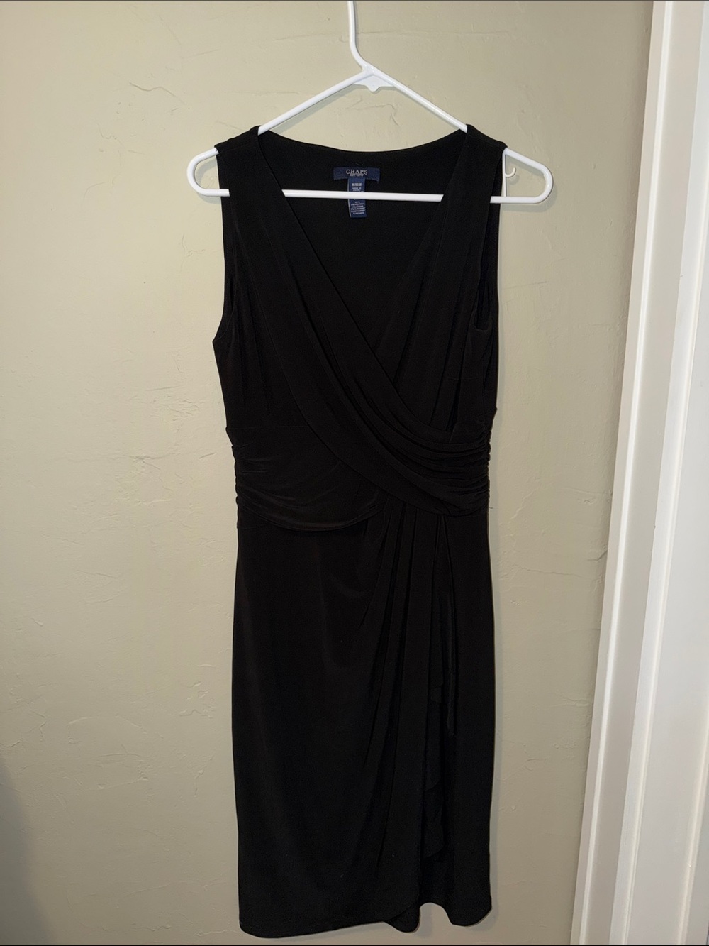 Chaps Black Faux-Wrap Sleeveless Sheath Dress